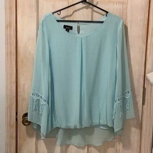 chiffon blouse, bell sleeves with pretty lace cutouts and beaded lace droplets